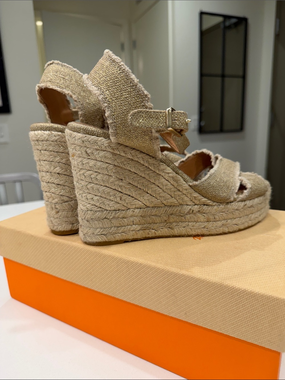 Castaner Bromelia Gold Shimmer Espadrille Wedge Sandal + Original Box Size 7.5